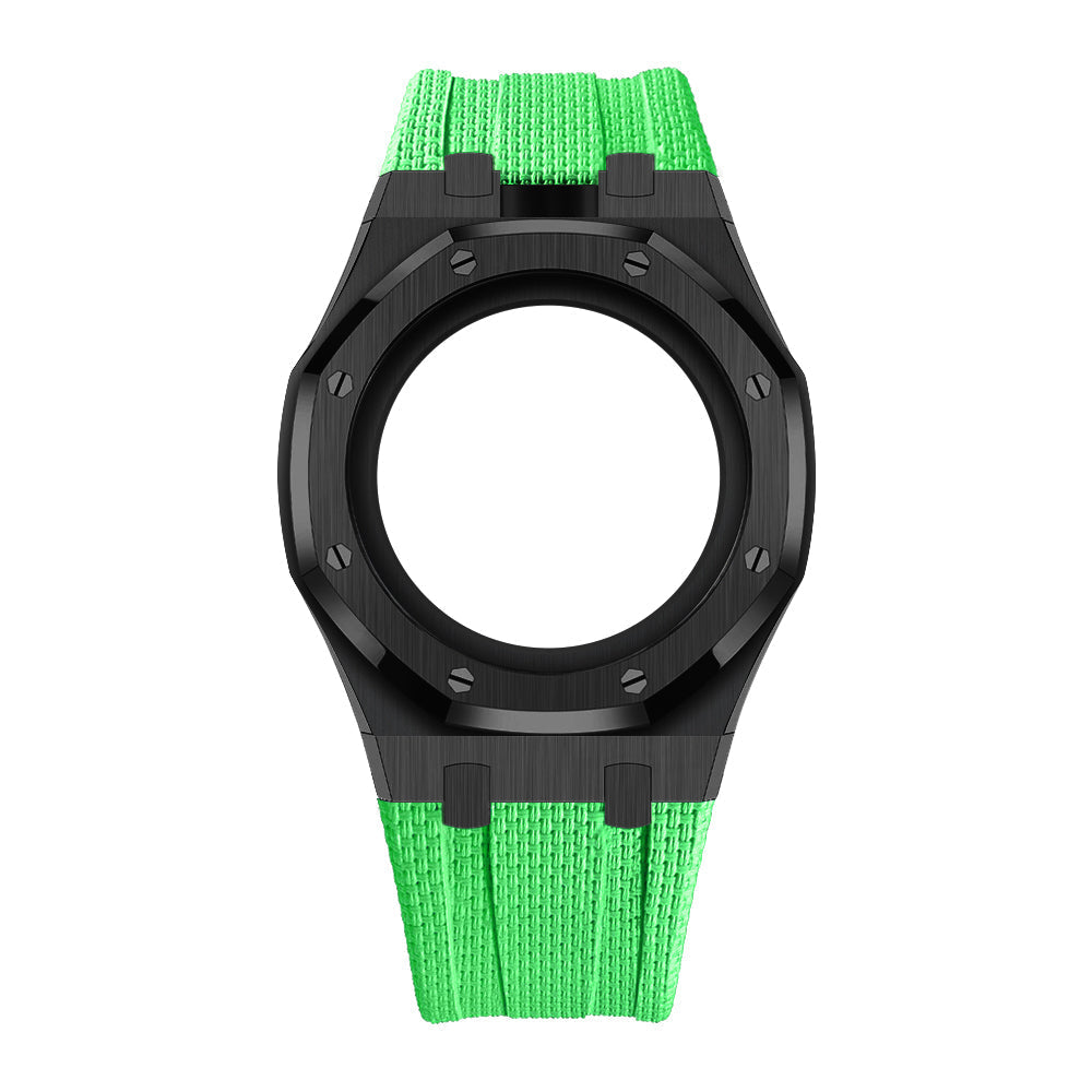 Uhrenarmband mit Vollverkleidung aus Stahlgehäuse und Fluorelastomer-Armband