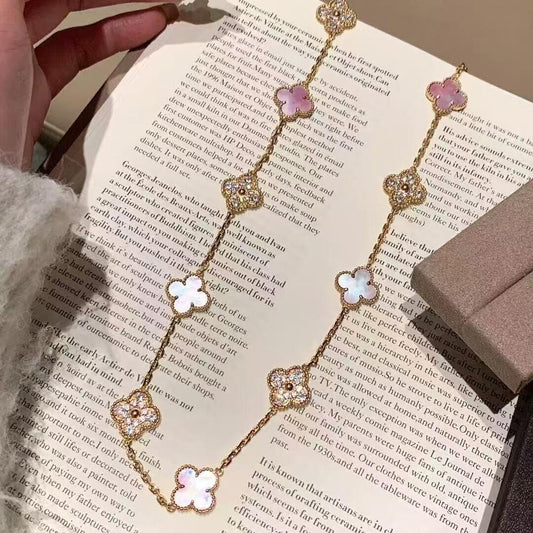 [Royal&Vicky]CLOVER 20 MOTIFS DIAMOND PINK MOP NECKLACE