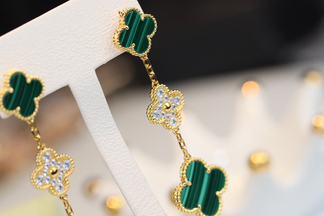 [Royal]CLOVER EARRINGS GOLD MALACHITE DIAMOND 3 MOTIF