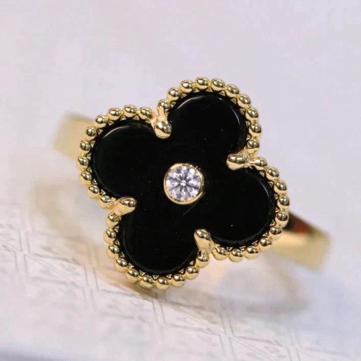 [LUXE]CLOVER ONYX RING GOLD DIAMANT