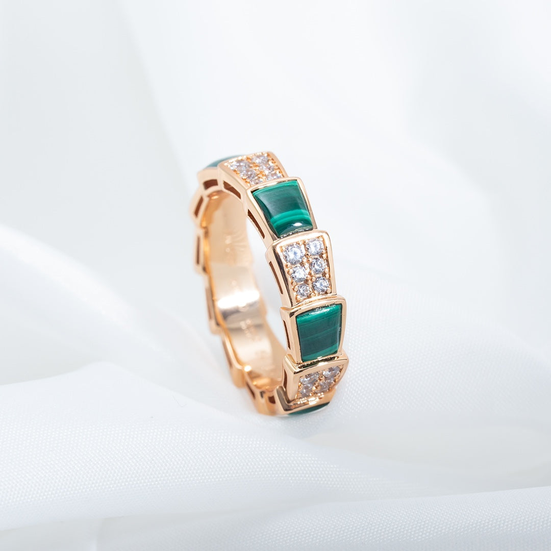 [ROYAL]SERPENTI RING PINK GOLD MALACHITE DIAMOND PAVED 4MM