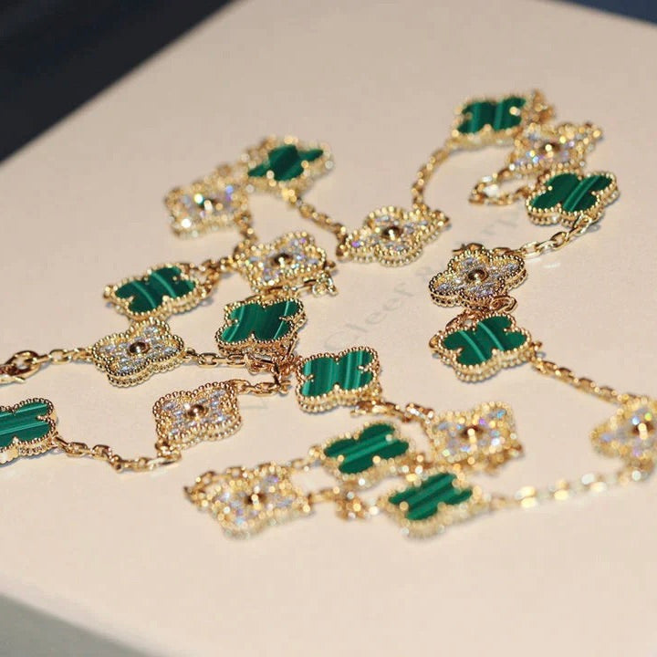 [ROYAL]CLOVER 20 MOTIFS MALACHITE DIAMOND NECKLACE