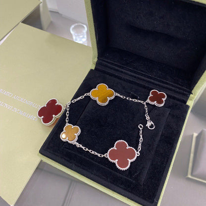 [Royal]CLOVER 5 MOTIFS SIVLER CARNELIAN TIGER EYE BRACELET