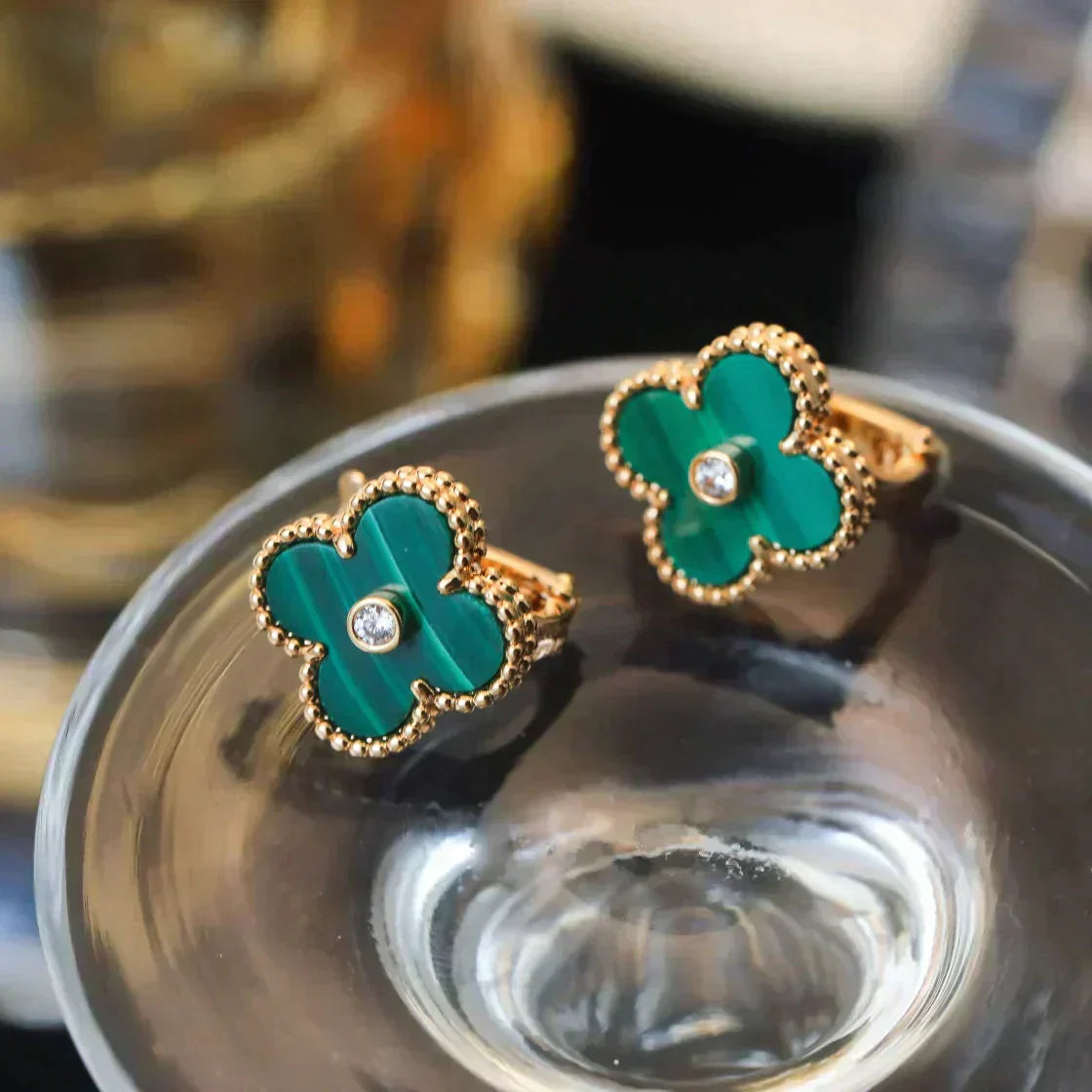 [ROYAL]CLOVER MEDIUM 1 MOTIFS MALACHITE DIAMOND EARRINGS