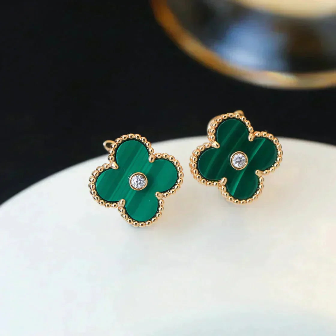 [ROYAL]CLOVER MEDIUM 1 MOTIFS MALACHITE DIAMOND EARRINGS