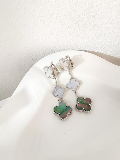 [Royal]CLOVER 3 MOTIFS CHALCEDONY DARK MOP SILVER EARRINGS