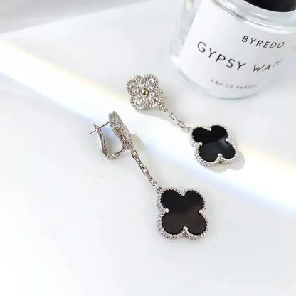 [ROYAL]CLOVER 2 MOTIFS  DIAMOND ONYX EARRINGS SILVER