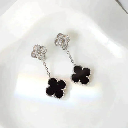 [ROYAL]CLOVER 2 MOTIFS  DIAMOND ONYX EARRINGS SILVER