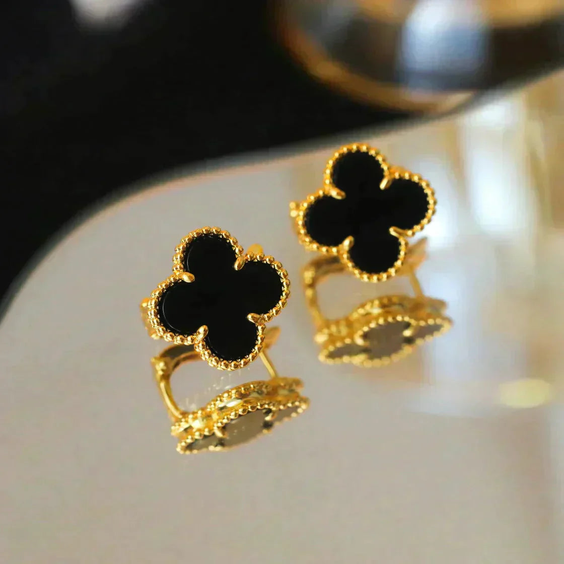 [ROYAL]CLOVER MEDIUM 1 MOTIFS  ONYX STUD EARRINGS