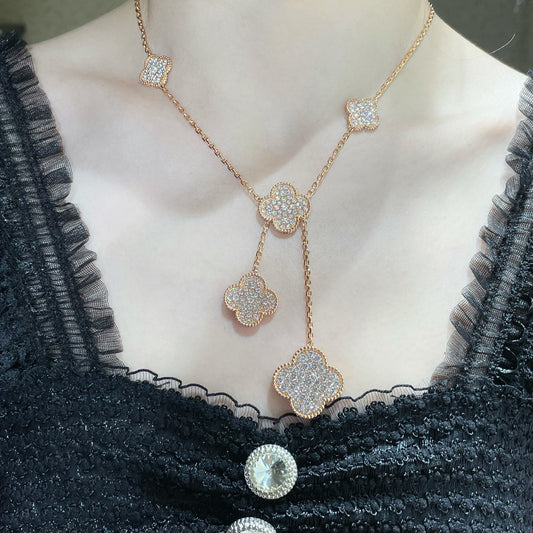 [ROYAL]CLOVER 6 MOTIF DIAMOND PAVED NECKLACE