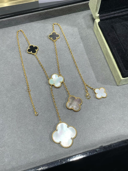 [ROYAL]CLOVER 6 MOTIF MOP ONYX GOLD NECKLACE