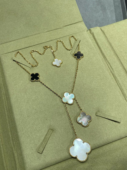 [ROYAL]CLOVER 6 MOTIF MOP ONYX GOLD NECKLACE