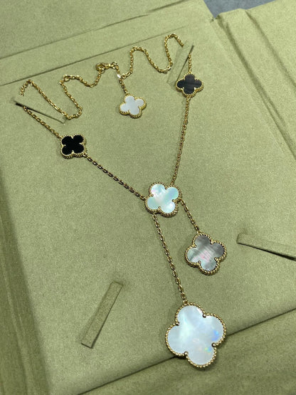 [ROYAL]CLOVER 6 MOTIF MOP ONYX GOLD NECKLACE