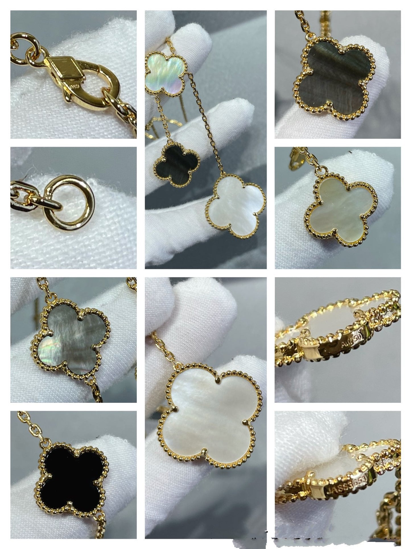 [ROYAL]CLOVER 6 MOTIF MOP ONYX GOLD NECKLACE