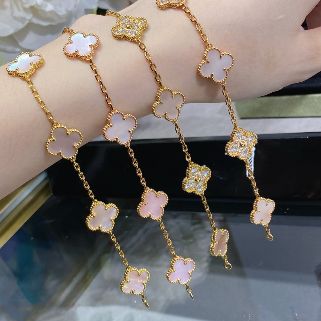 [ROYAL]CLOVER 5 MOTIF DIAMOND PINK MOP PINK GOLD BRACELET