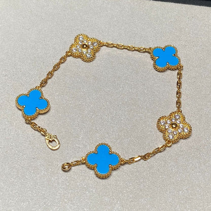 [ROYAL]CLOVER 5 MOTIF BLUE CHALCEDONY DIAMOND GOLD BRACELET