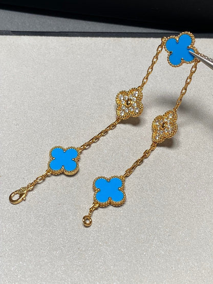 [ROYAL]CLOVER 5 MOTIF BLUE CHALCEDONY DIAMOND GOLD BRACELET