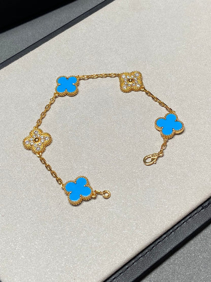 [ROYAL]CLOVER 5 MOTIF BLUE CHALCEDONY DIAMOND GOLD BRACELET