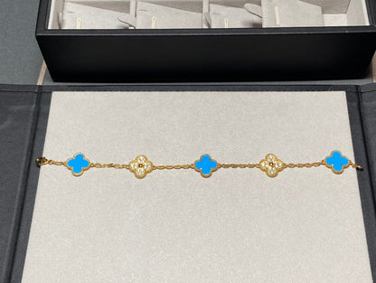 [ROYAL]CLOVER 5 MOTIF BLUE CHALCEDONY DIAMOND GOLD BRACELET