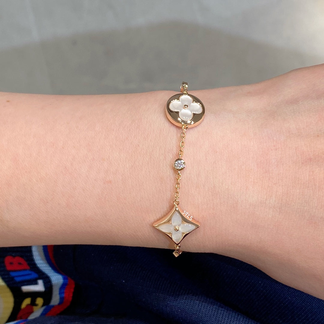 [LUXE]Armband mit Stern und Sonne, 4 Motiven, Weiß, Perlmutt, Roségold 