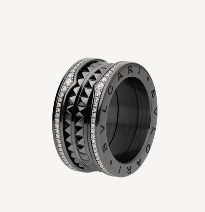 [ROYAL]ZERO 1 ROCK FOUR-BAND BLACK CERAMIC WITH STUDDED SPIRAL AND PAVED DIAMONDS RING