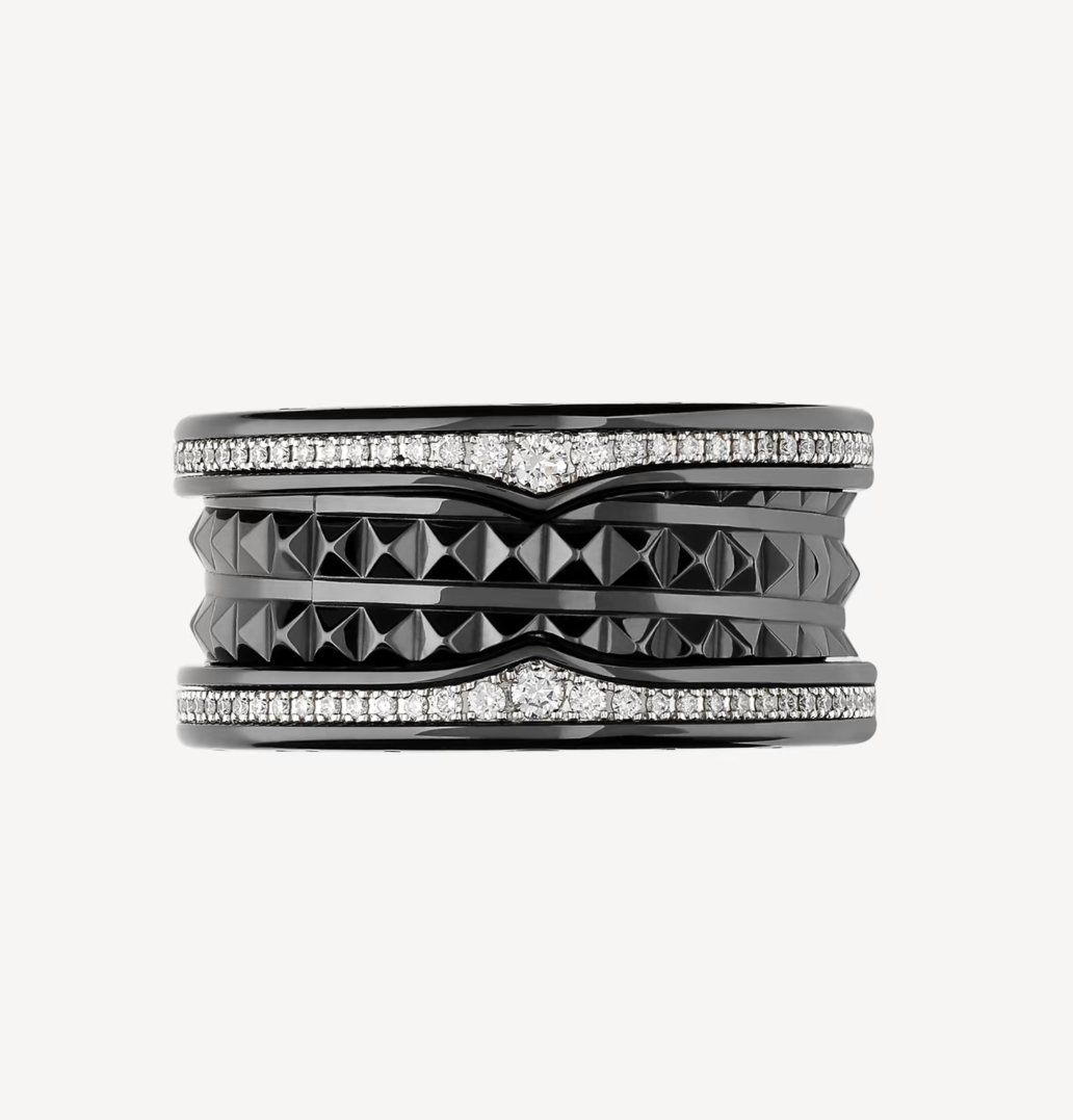 [ROYAL]ZERO 1 ROCK FOUR-BAND BLACK CERAMIC WITH STUDDED SPIRAL AND PAVED DIAMONDS RING