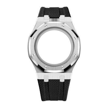 Uhrenarmband mit Vollverkleidung aus Stahlgehäuse und Fluorelastomer-Armband
