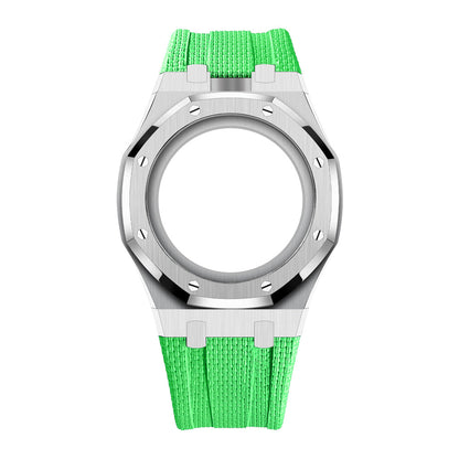 Uhrenarmband mit Vollverkleidung aus Stahlgehäuse und Fluorelastomer-Armband