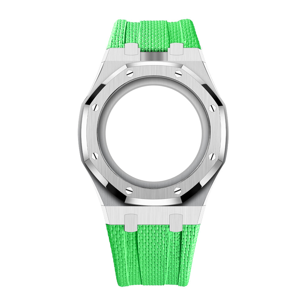Uhrenarmband mit Vollverkleidung aus Stahlgehäuse und Fluorelastomer-Armband
