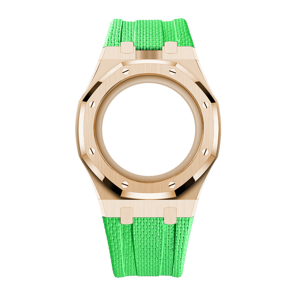 Uhrenarmband mit Vollverkleidung aus Stahlgehäuse und Fluorelastomer-Armband
