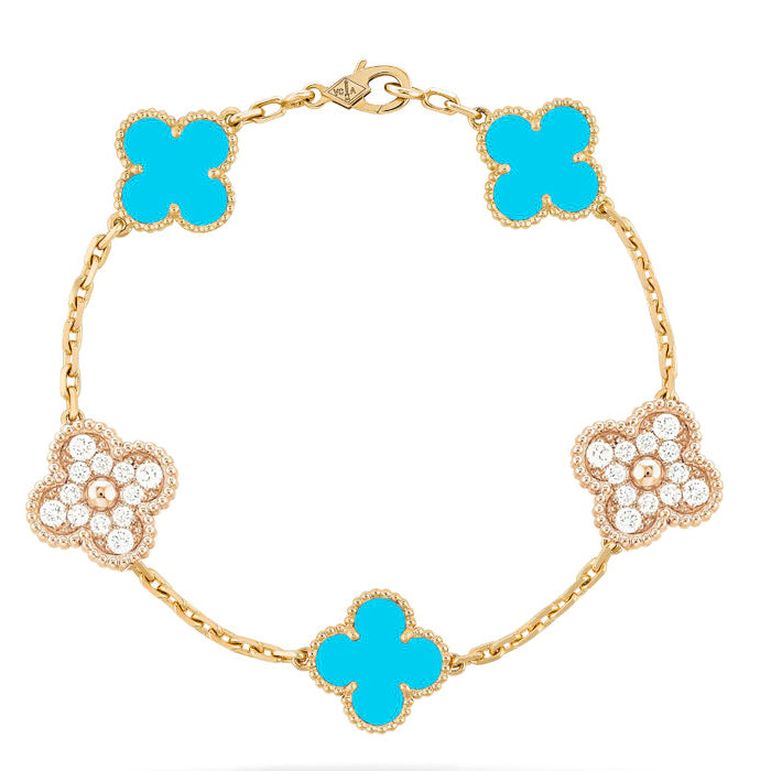 [ROYAL]CLOVER 5 MOTIF TURQUOISE DIAMOND GOLD BRACELET