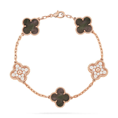 [ROYAL]CLOVER 5 MOTIFS DARK MOP AND DIAMONDS PINK GOLD BRACELET