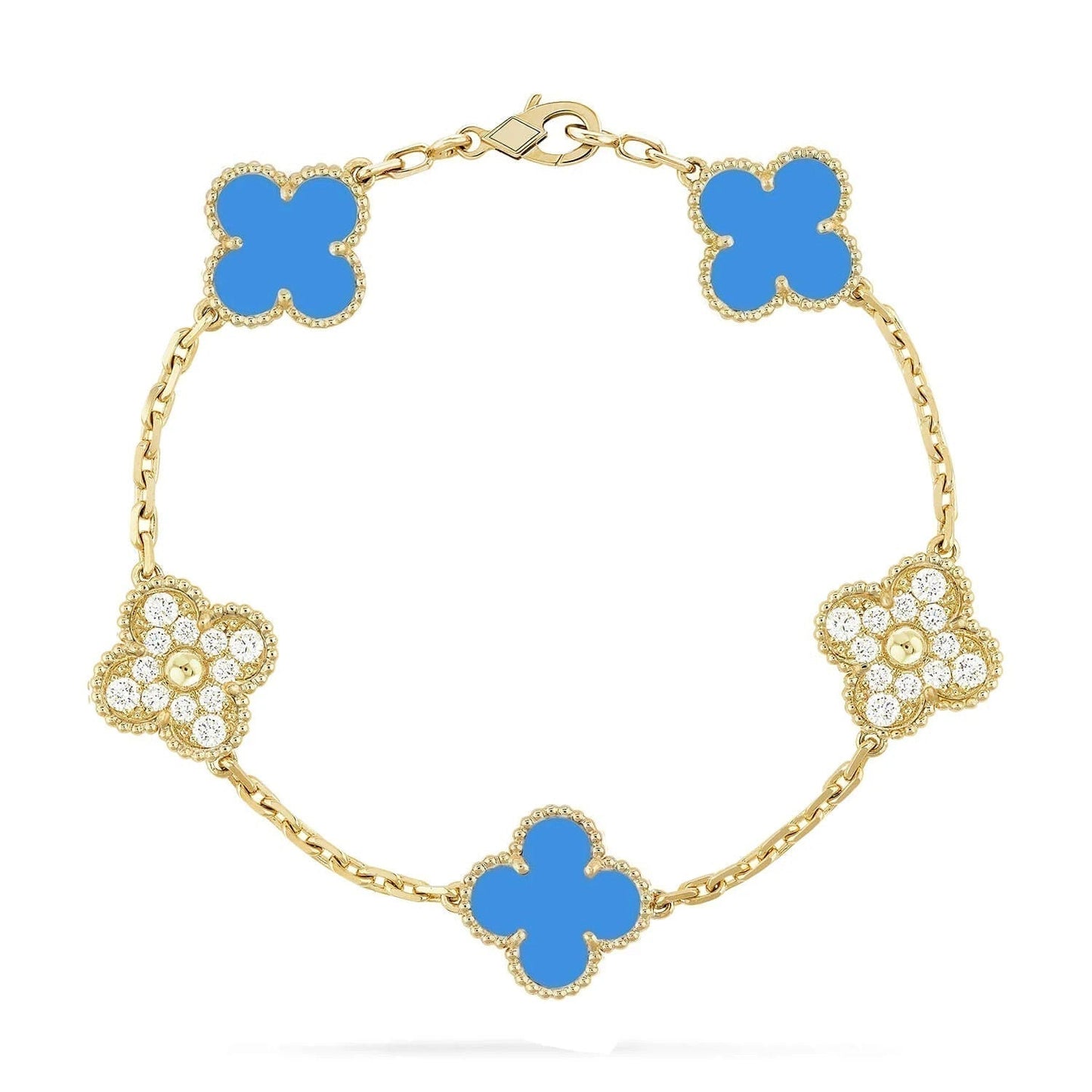 [ROYAL]CLOVER 5 MOTIF BLUE CHALCEDONY DIAMOND GOLD BRACELET