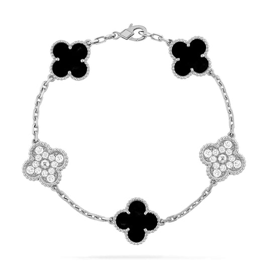 [ROYAL]CLOVER 5 MOTIF ONYXS DIAMOND BRACELET SILVER