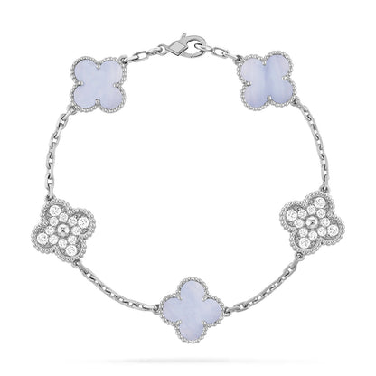 [LUXE]CLOVER 5 MOTIV DIAMANT LILA CHALCEDON ARMBAND SILBER 