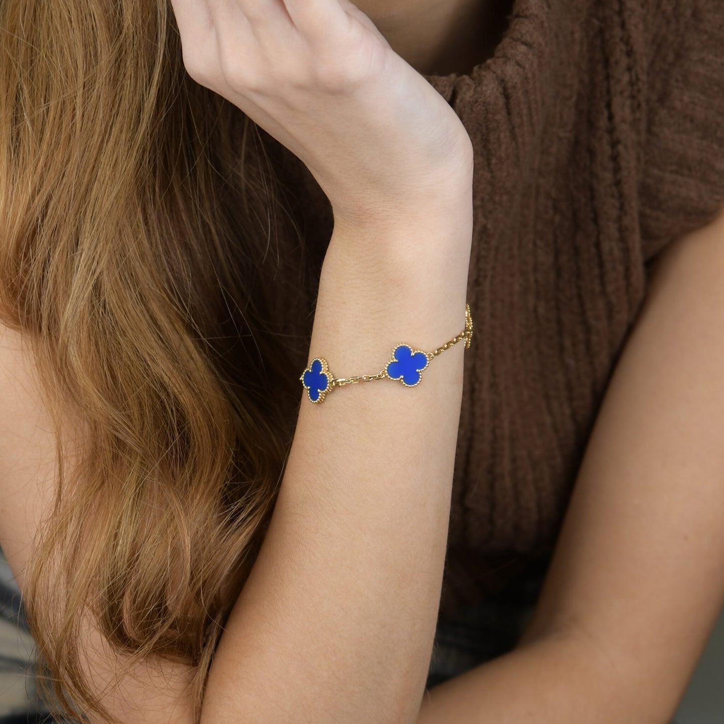 [ROYAL]CLOVER 5 MOTIFS BLUE AGATE BRACELET