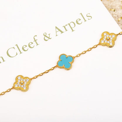 [ROYAL]CLOVER 5 MOTIF TURQUOISE DIAMOND GOLD BRACELET