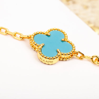 [ROYAL]CLOVER 5 MOTIF TURQUOISE DIAMOND GOLD BRACELET