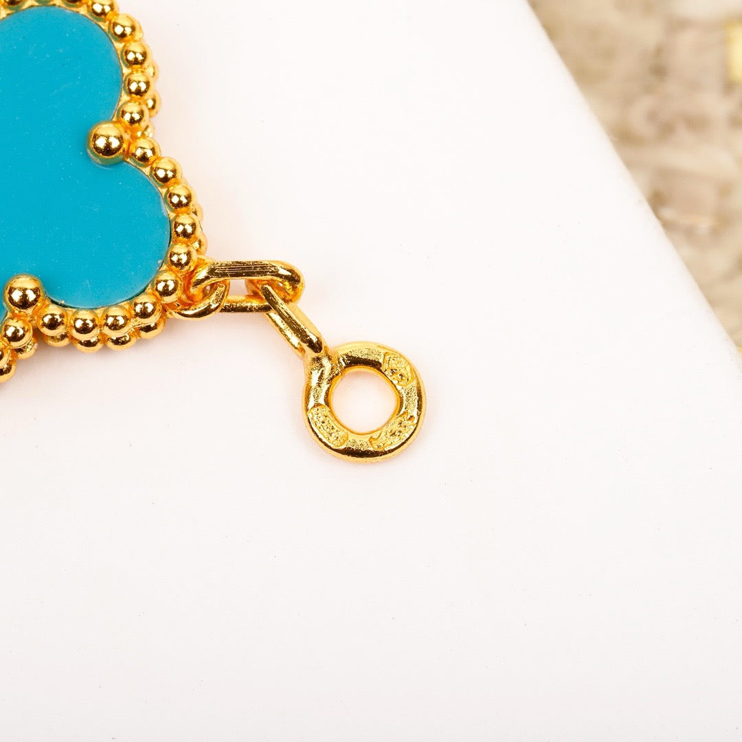 [ROYAL]CLOVER 5 MOTIF TURQUOISE DIAMOND GOLD BRACELET