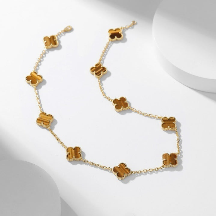 [ROYAL]CLOVER 10 MOTIFS TIGER EYE NECKLACE