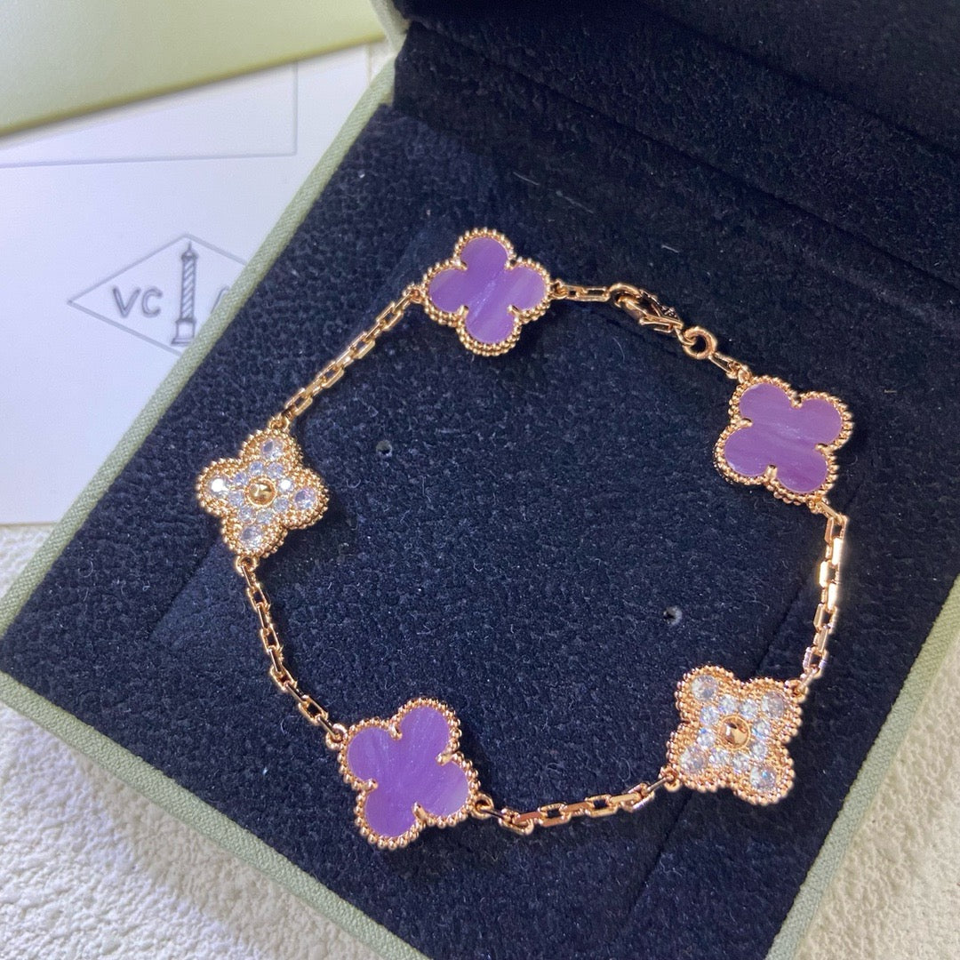 [Royal&Vicky]CLOVER  5 MOTIFS  PURPLE VIOLET DIAMOND BRACELET