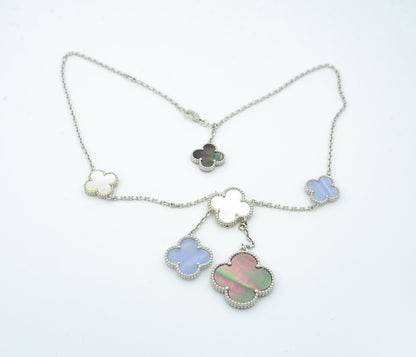 [ROYAL]CLOVER MOP CHALCEDONY NECKLACE SILVER 6 MOTIF