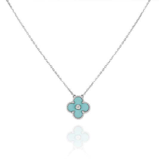 [ROYAL]CLOVER 1 DIAMOND LIGHT BLUE SILVER NECKLACE