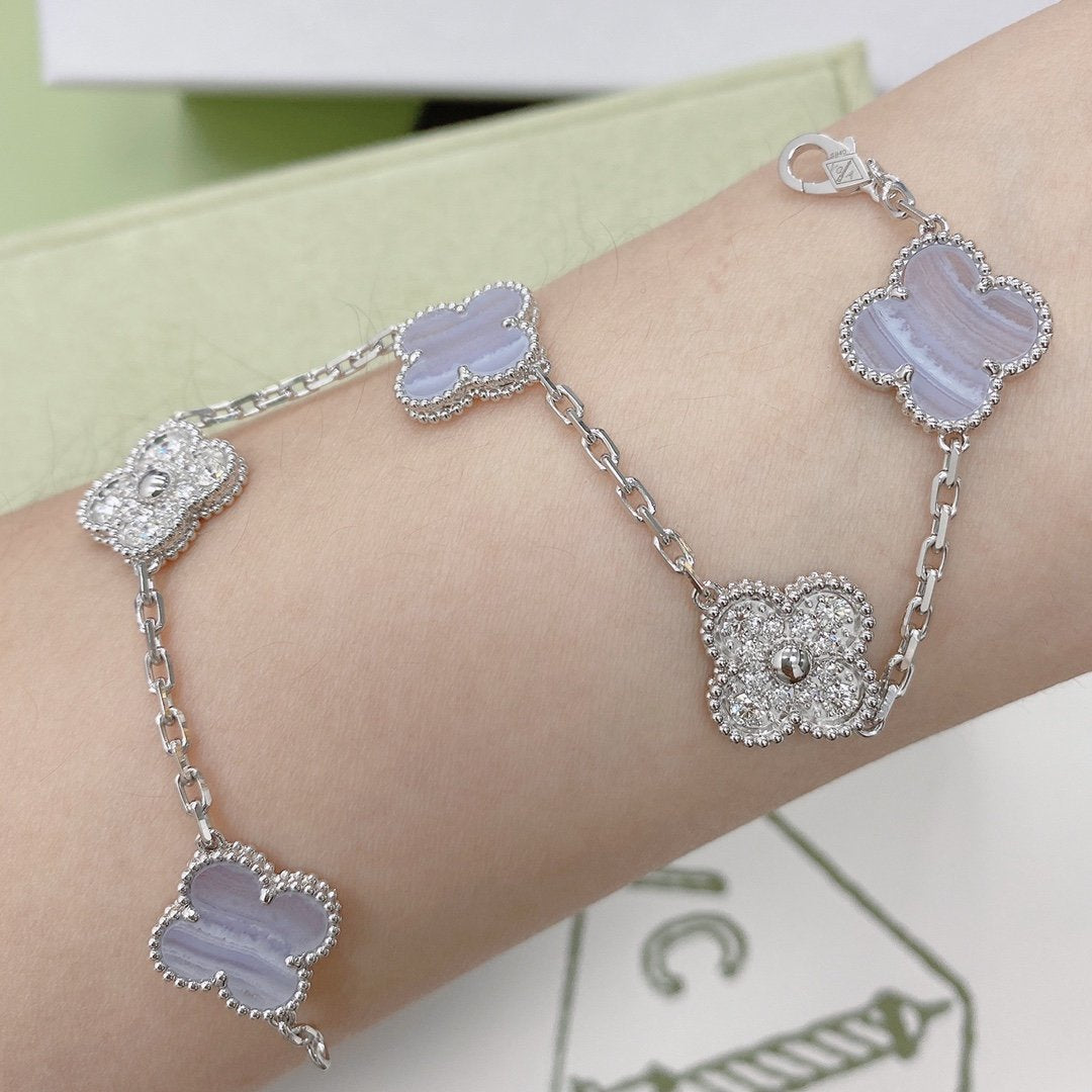 [ROYAL]CLOVER  5 MOTIF DIAMOND PURPLE CHALCEDONY BRACELET SILVER