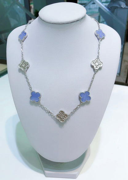 [ROYAL]CLOVER 10 MOTIFS CHALCEDONY DIAMONDS SILVER NECKLACE