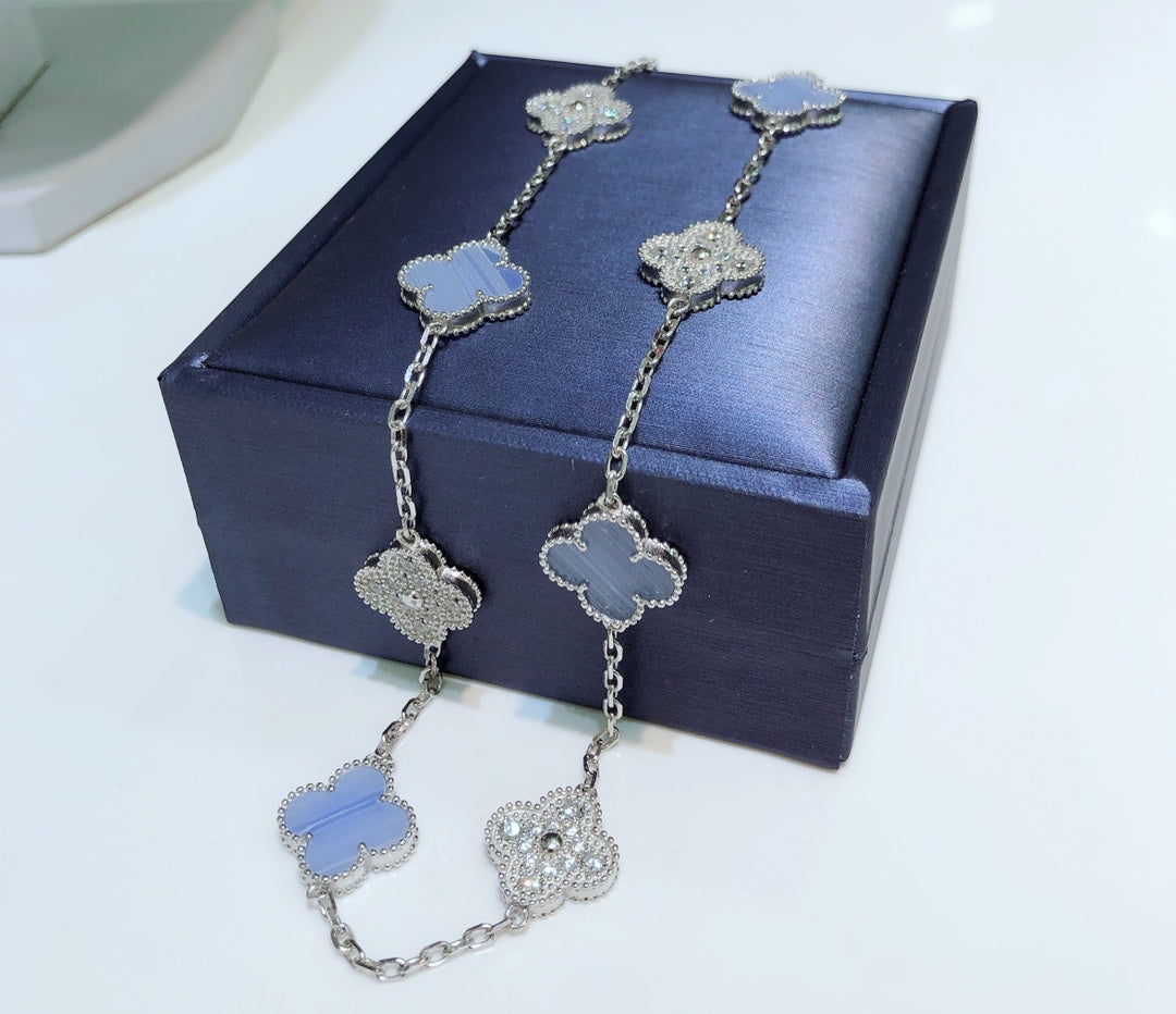 [ROYAL]CLOVER 10 MOTIFS CHALCEDONY DIAMONDS SILVER NECKLACE