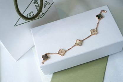 [ROYAL]CLOVER 5 MOTIFS DARK MOP AND DIAMONDS PINK GOLD BRACELET