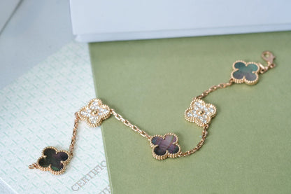 [ROYAL]CLOVER 5 MOTIFS DARK MOP AND DIAMONDS PINK GOLD BRACELET